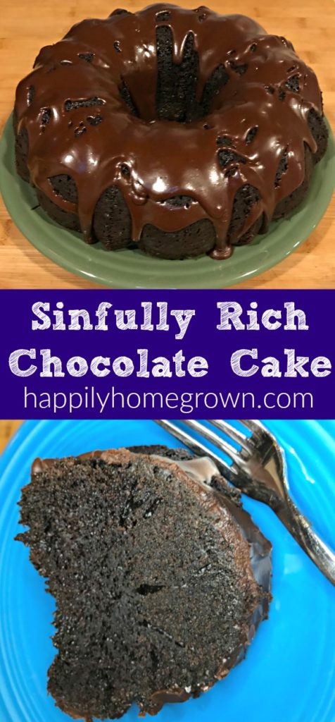 This Sinfully Rich Chocolate Cake can be made into a layer cake for birthdays, but with how rich it is, we prefer it without frosting and just a chocolate glaze drizzled across the top.  The addition of strong black coffee to both the cake batter and the glaze intensify the richness of the chocolate and leave just a light perfume of coffee behind.